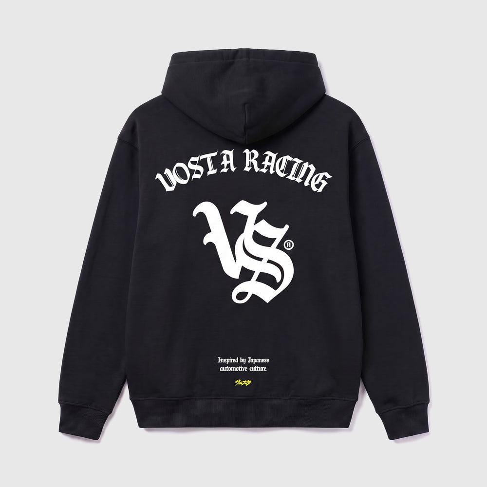 VS Racing Hoodie in black, back, VOSTA RACING blackletter print