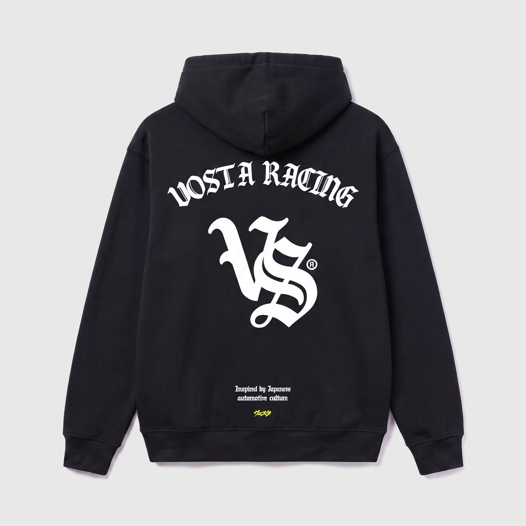 VS Racing Hoodie in black, back, VOSTA RACING blackletter print