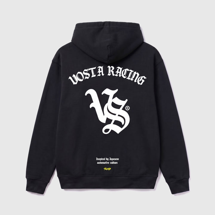 VS Racing Hoodie in black, back, VOSTA RACING blackletter print