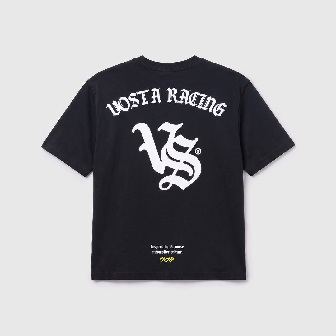 VS Racing Tee in black, back, VOSTA RACING blackletter print