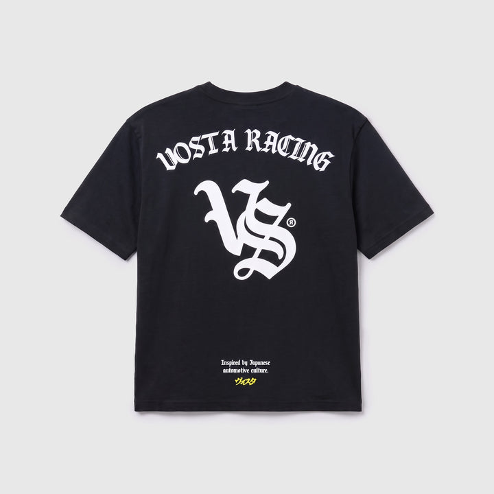 VS Racing Tee in black, back, VOSTA RACING blackletter print