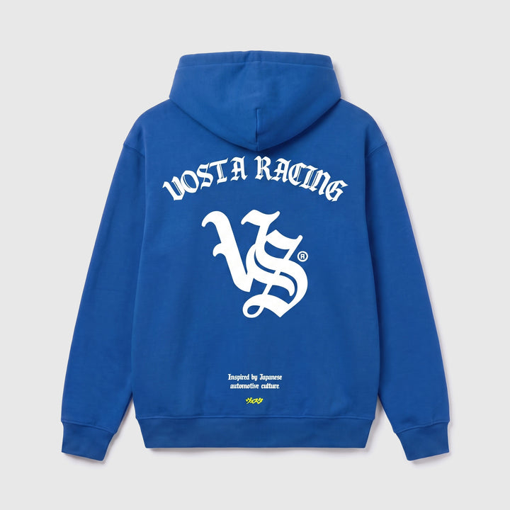 VS Racing Hoodie in blue, back, VOSTA RACING blackletter print