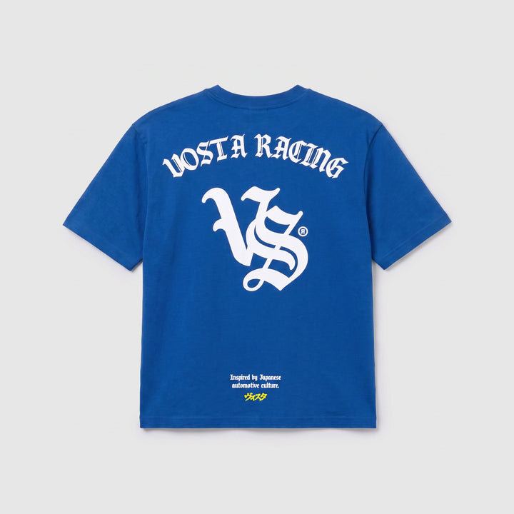 VS Racing Tee in blue, back, VOSTA RACING blackletter print