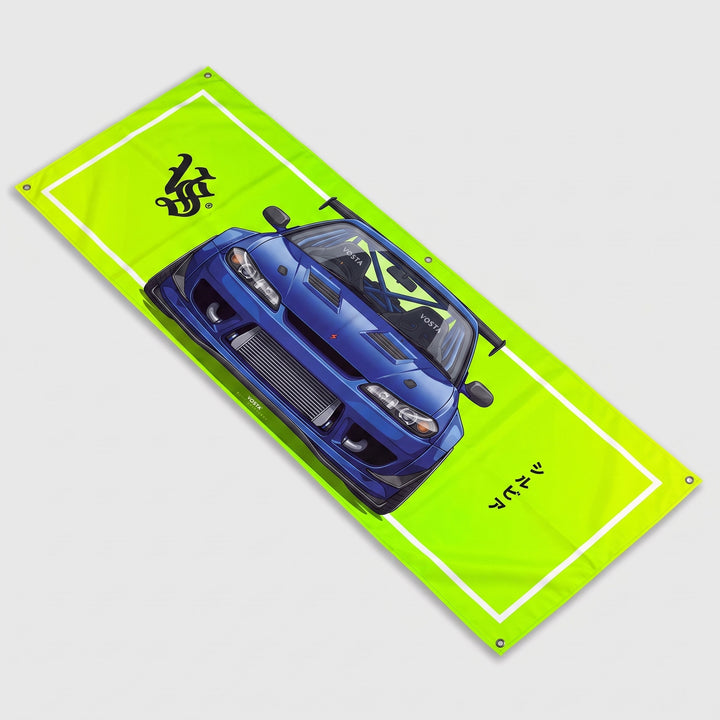 VS Racing Flag, S15 design, blue coupe on lime with VS monogram and copper grommets