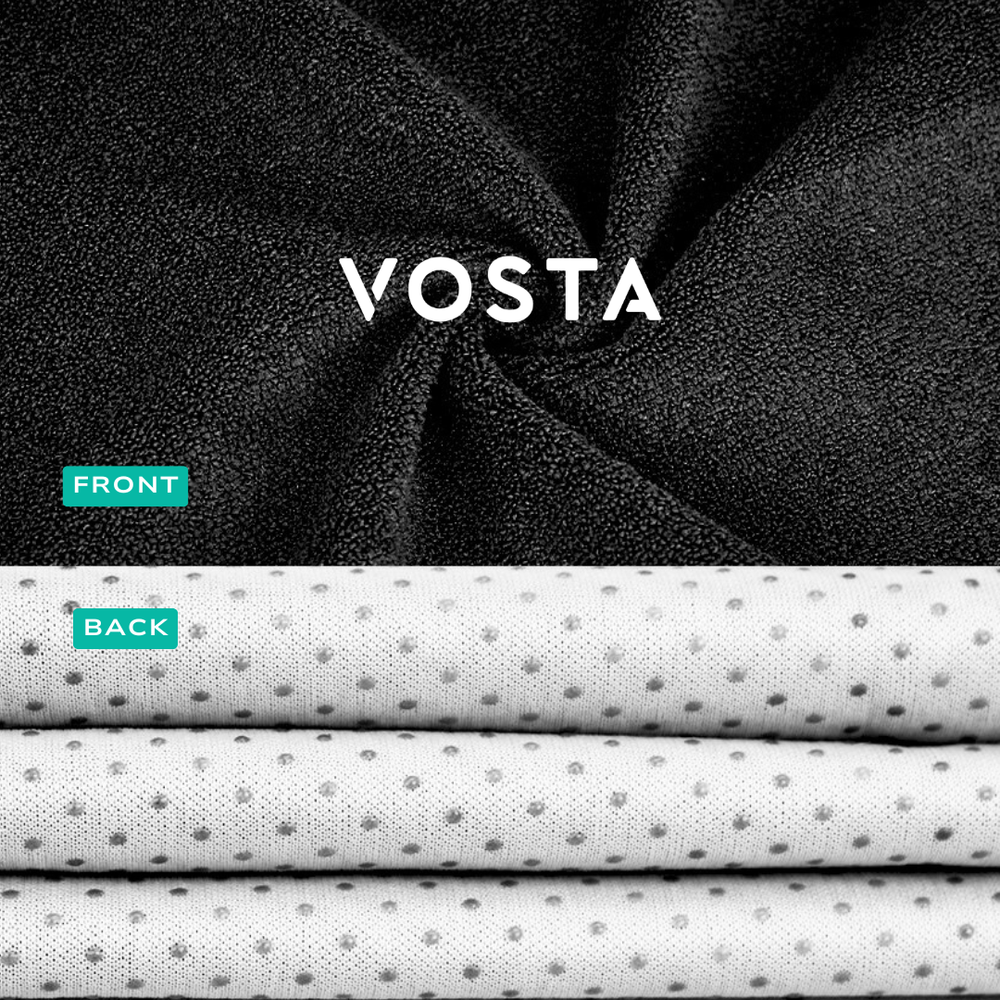 Black textured fabric with 'Vosta' branding above and white fabric with grey dots below.