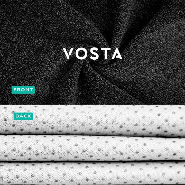 Black textured fabric with 'Vosta' branding above and white fabric with grey dots below.