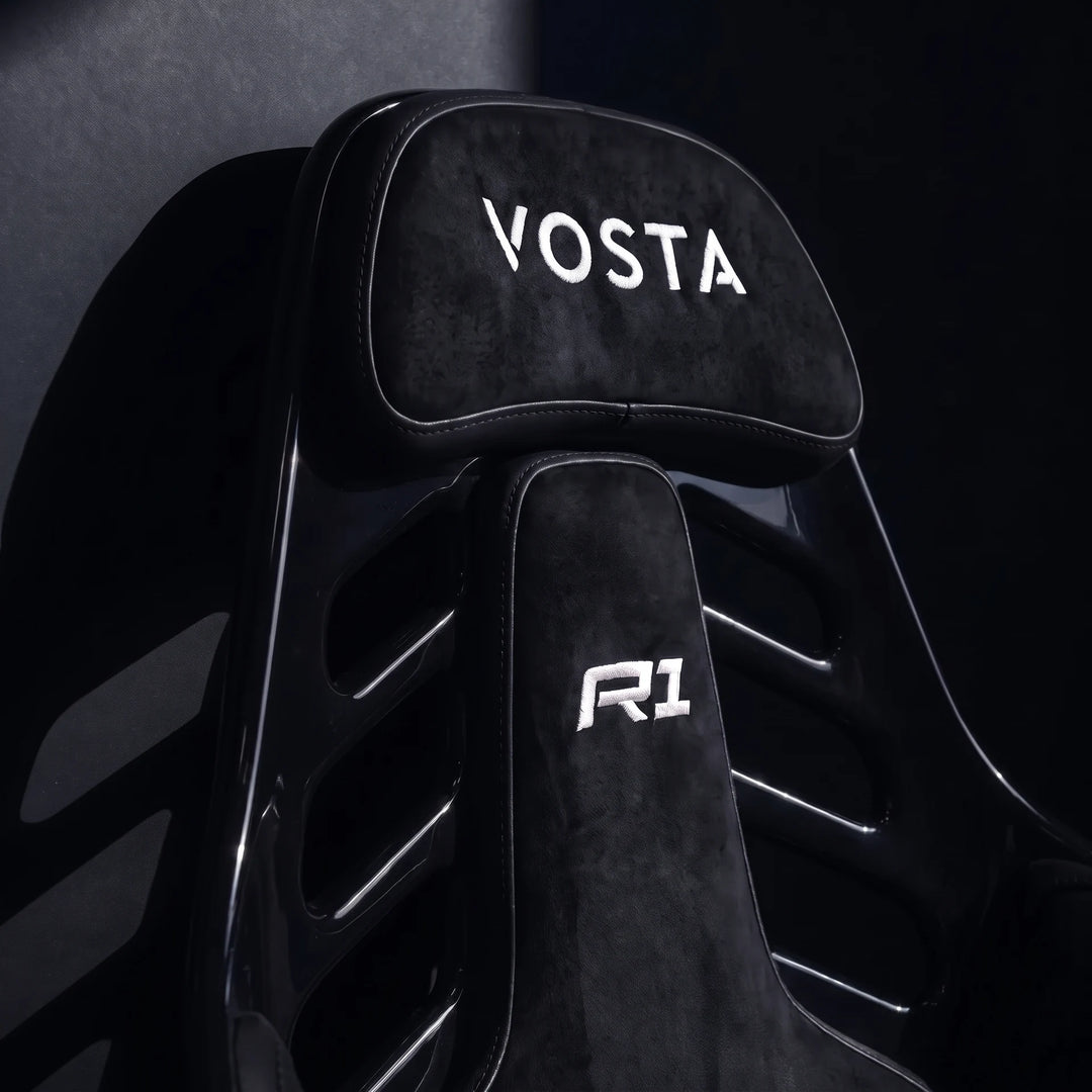 VOSTA R1 FRP headrest with VOSTA and R1 logos on the FRP shell