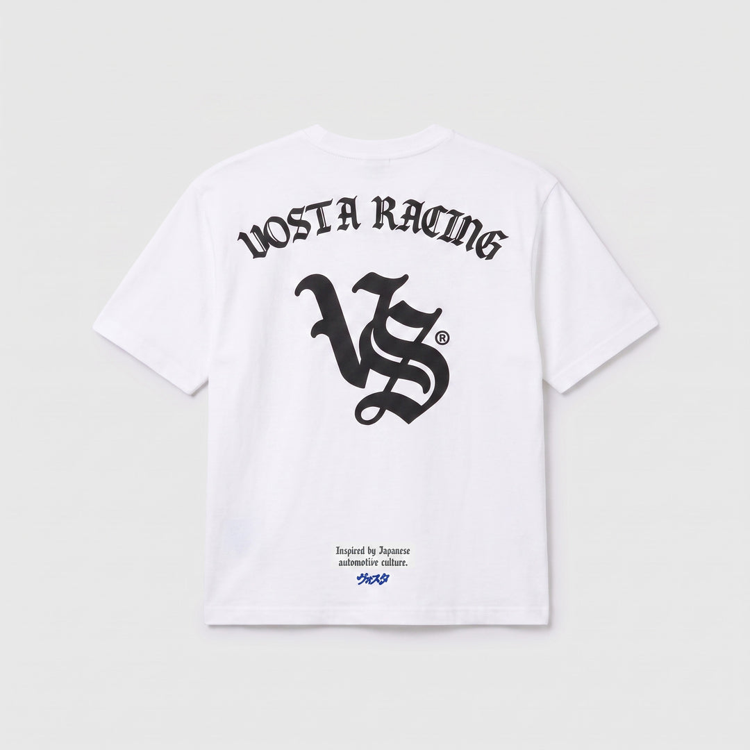 VS Racing Tee in white, back, VOSTA RACING blackletter print