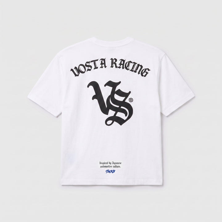 VS Racing Tee in white, back, VOSTA RACING blackletter print